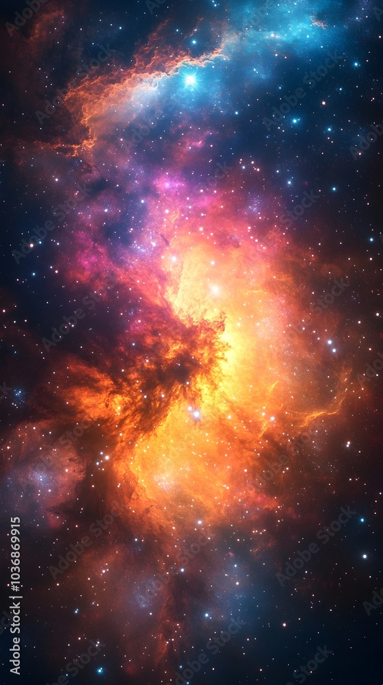 Fototapeta premium A stunning cosmic nebula showcasing vibrant hues of orange, blue, and purple against a backdrop of twinkling stars, evoking a sense of wonder and awe.
