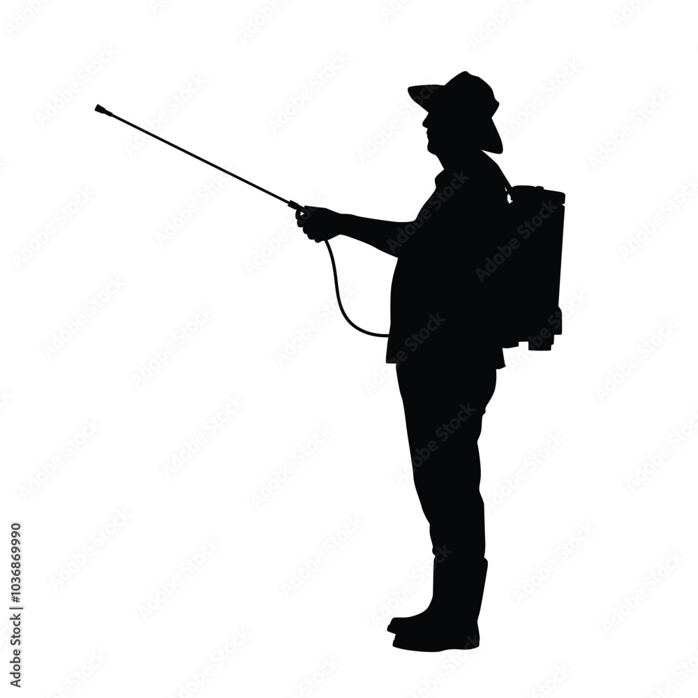 Silhouette of a farmer using a pesticide or disinfectant sprayer Silhouette of a farmer using a pesticide or disinfectant sprayer