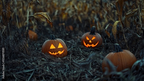 A serene evening field adorned with vibrant halloween pumpkins, capturing autumn s festive spirit. photo