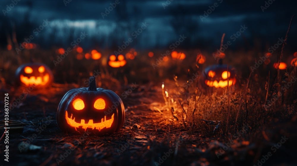 Evening scene of halloween pumpkins sprawled across a field under the twilight sky Evening scene of halloween pumpkins sprawled across a field under the twilight sky
