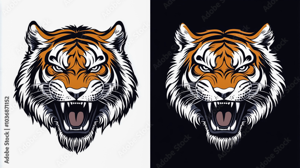 Flat color illustration of an angry tiger head on a white background. Flat color illustration of an angry tiger head on a white background.