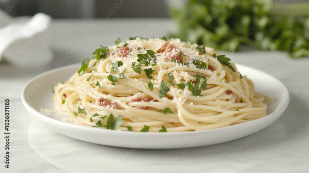 Delicious Spaghetti Carbonara with Parsley Garnish Delicious Spaghetti Carbonara with Parsley Garnish