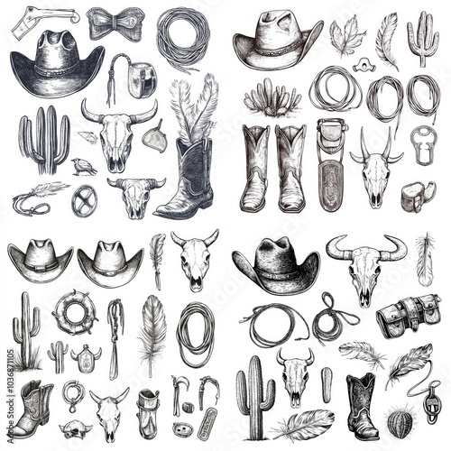 Cowboy-themed hat and boot illustrations collection