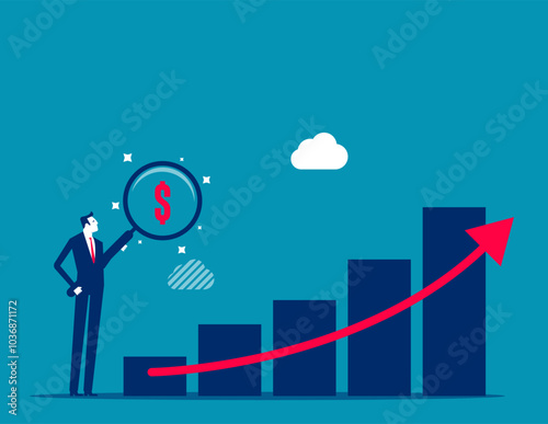 Revenue or salary increase, growth investment profit or earning from stock market, money or wages growing concept, businessman with magnifying glass on dollar money sign with growth graph and chart.