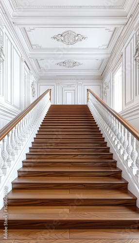 Elegant Wooden Staircase with Ornate White Railings in a Grand Hallway