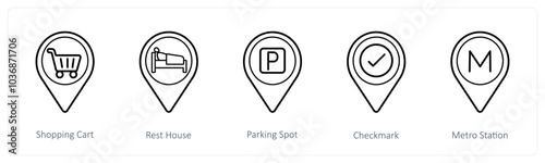 A set of 5 location pointer icons as shopping cart, rest house, parking spot
