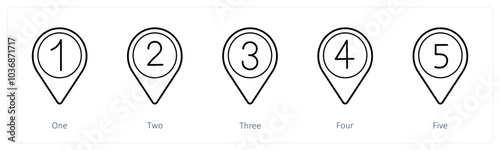 A set of 5 location pointer icons as one, two, three