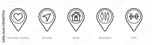 A set of 5 location pointer icons as romantic location, direction, home