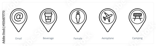 A set of 5 location pointer icons as email, beverage, female
