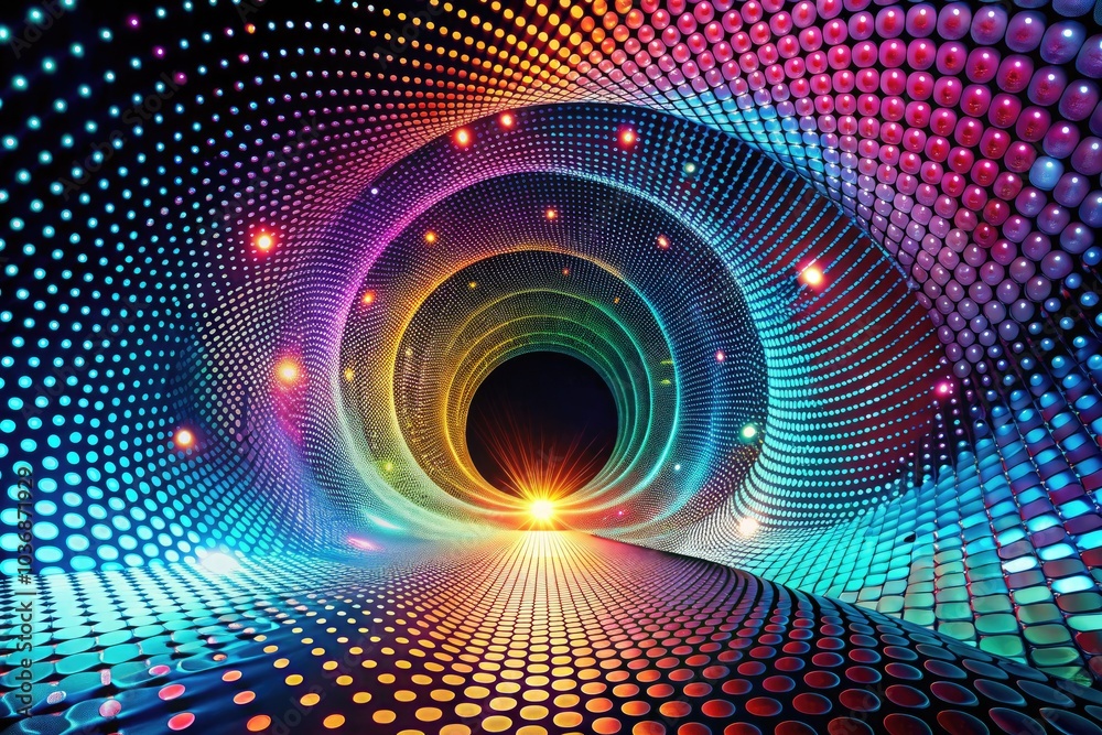 A captivating 3D vortex of dots and lines, blending futuristic digital art and sci-fi landscapes, creating striking optical illusions within a modern cyberpunk aesthetic. A captivating 3D vortex of dots and lines, blending futuristic digital art and sci-fi landscapes, creating striking optical illusions within a modern cyberpunk aesthetic.