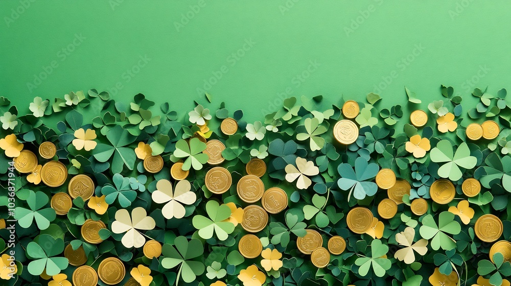 Festive St Patrick's Day scene flat lay of paper art fourleaf clover confetti sprinkled over a sea of gold coins on a lush green background ideal for holiday greetings Festive St Patrick's Day scene flat lay of paper art fourleaf clover confetti sprinkled over a sea of gold coins on a lush green background ideal for holiday greetings