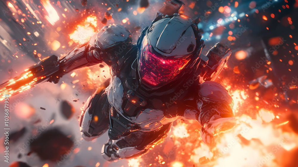 Epic Mecha Anime Warrior in Advanced Armor – Explosive Futuristic Battle with Laser Beams and Energy Blades Epic Mecha Anime Warrior in Advanced Armor – Explosive Futuristic Battle with Laser Beams and Energy Blades