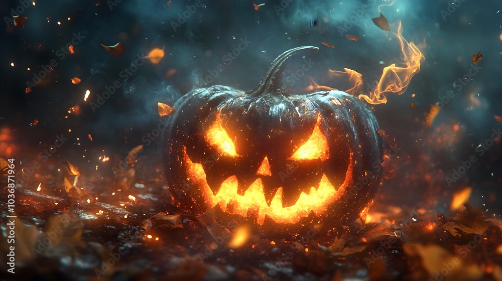 Naklejka premium Three ghostly figures are floating in a room with flames. Scene is eerie and spooky