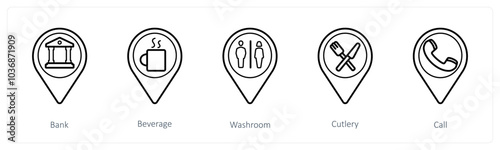 A set of 5 location pointer icons as bank, beverage, washroom