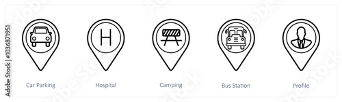 A set of 5 location pointer icons as car parking, hospital, camping