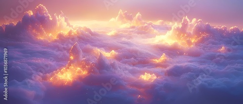 A stunning view of vibrant clouds illuminated by a warm, golden glow at sunset, creating a serene and ethereal atmosphere in the sky.