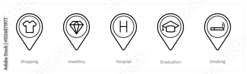 A set of 5 location pointer icons as shopping, jewellery, hospital