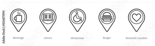 A set of 5 location pointer icons as beverage, library, wheel chair