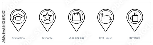 A set of 5 location pointer icons as graduation, favorite, shopping bag