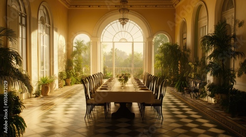 Elegant Dining Room with Sunlight and Tropical Touches