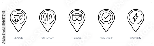 A set of 5 location pointer icons as comedy, washroom, camera