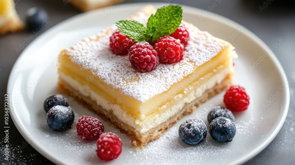 Neatly Placed Medovik Slice with Berries on White Plate Neatly Placed Medovik Slice with Berries on White Plate