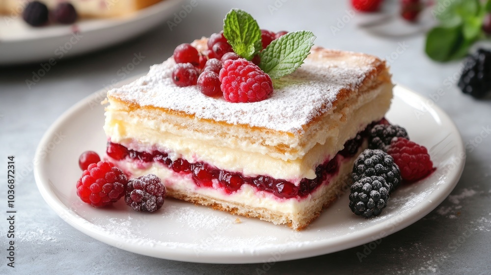 Neatly Placed Medovik Slice with Berries Neatly Placed Medovik Slice with Berries