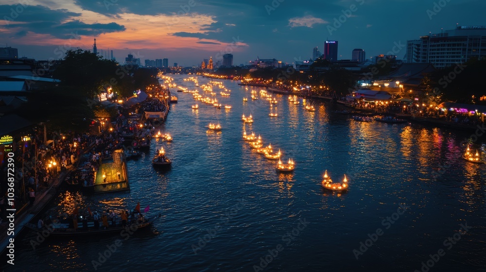Naklejka premium Peaceful River Scene with Floating Lanterns at Dusk