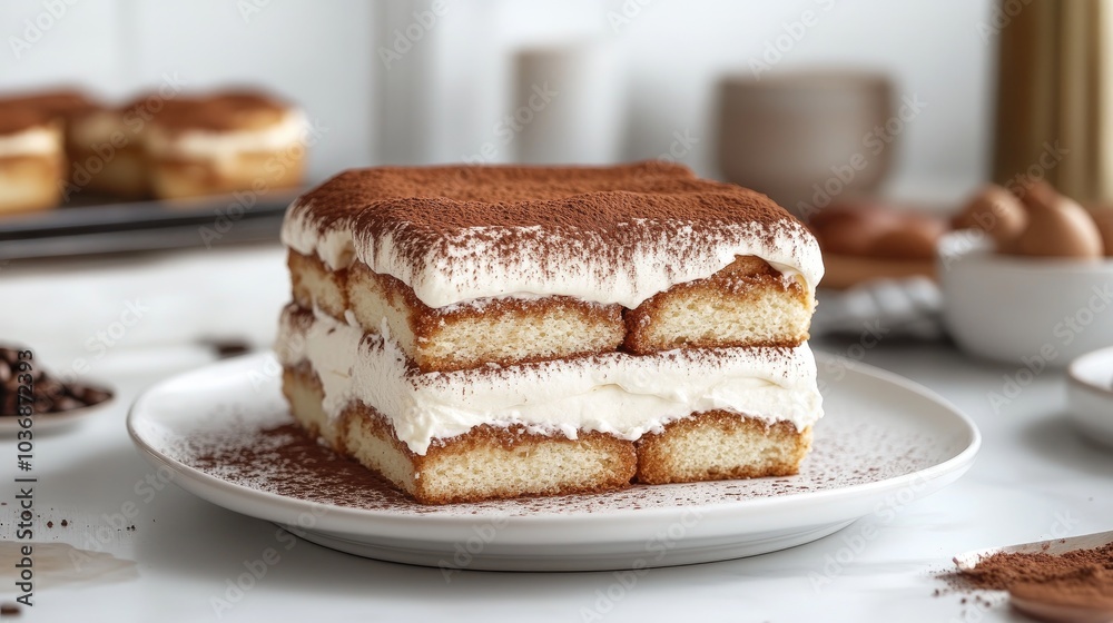 Delicious Tiramisu Cake on a White Plate Delicious Tiramisu Cake on a White Plate