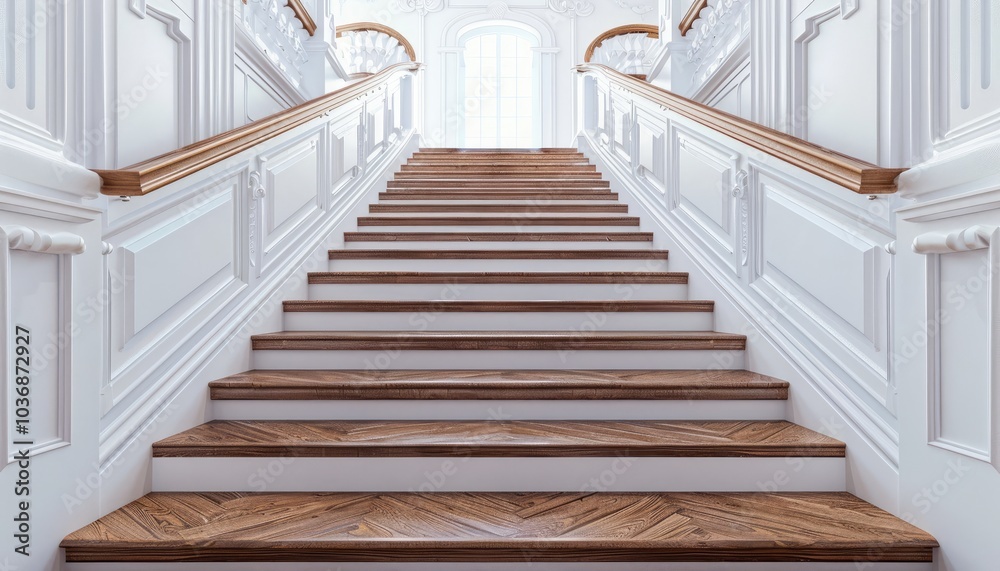 Elegant Wooden Staircase with White Trim and a Window at the Top Elegant Wooden Staircase with White Trim and a Window at the Top