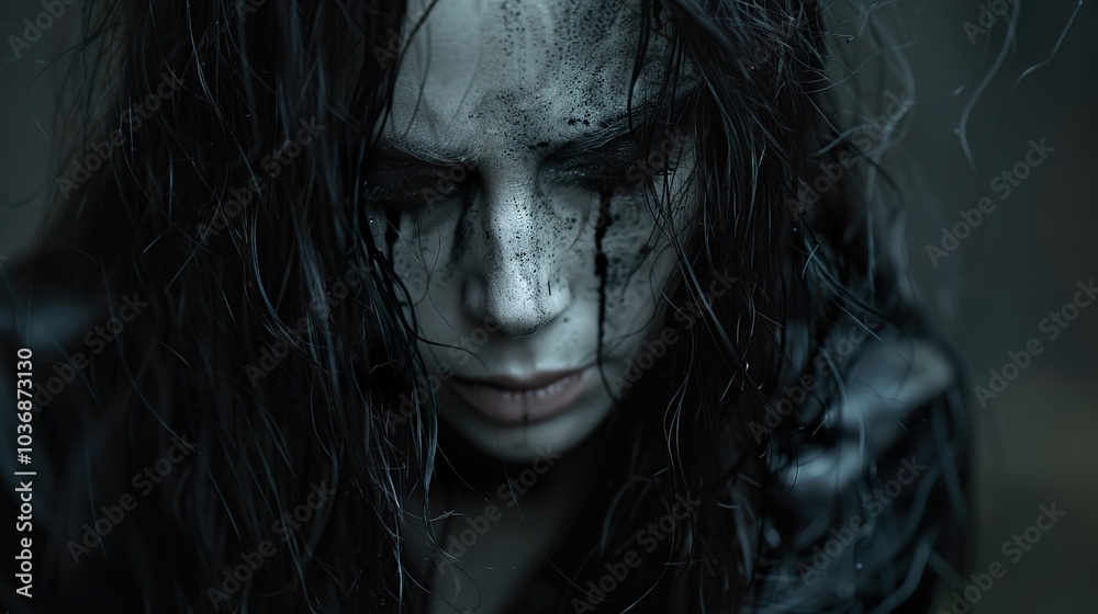 Intense Portrait of a Woman with Dark Makeup and Gloomy Expression