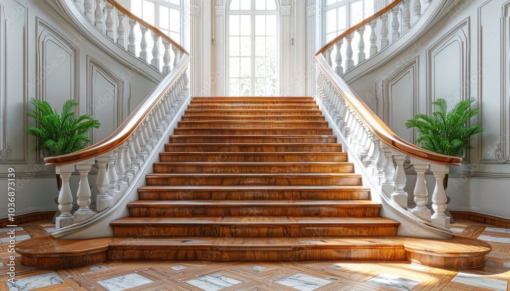 Elegant Wooden Staircase with White Banisters in a Grand Hallway Elegant Wooden Staircase with White Banisters in a Grand Hallway