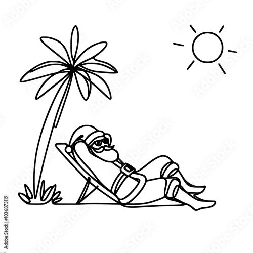 Linear vector outline drawing of Santa Claus lying on a sun lounger on the beach under a palm tree, made in a minimalist style