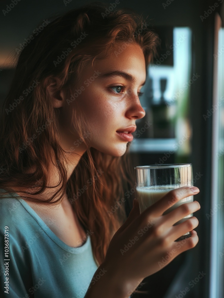 Pensive Moment of a Girl Drinking Milk Pensive Moment of a Girl Drinking Milk