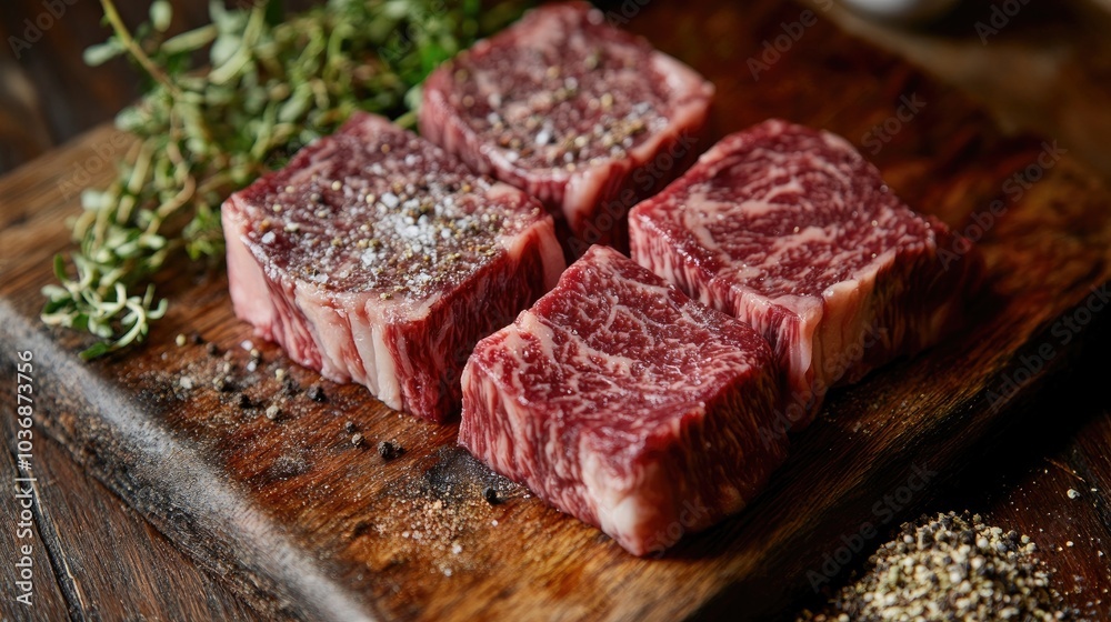 Marbled Wagyu Beef Cuts on Wooden Board Marbled Wagyu Beef Cuts on Wooden Board