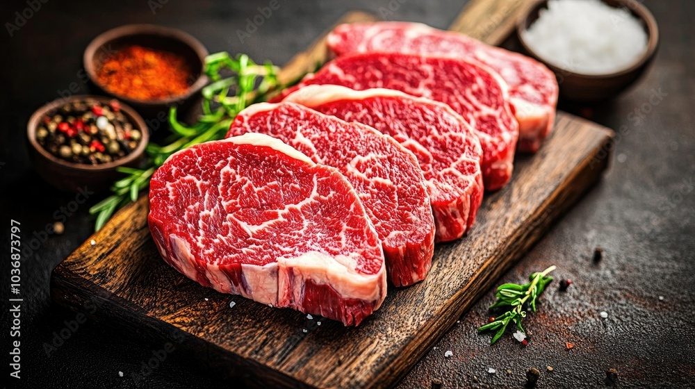 Close-Up of Marbled Wagyu Beef on Wooden Board Close-Up of Marbled Wagyu Beef on Wooden Board