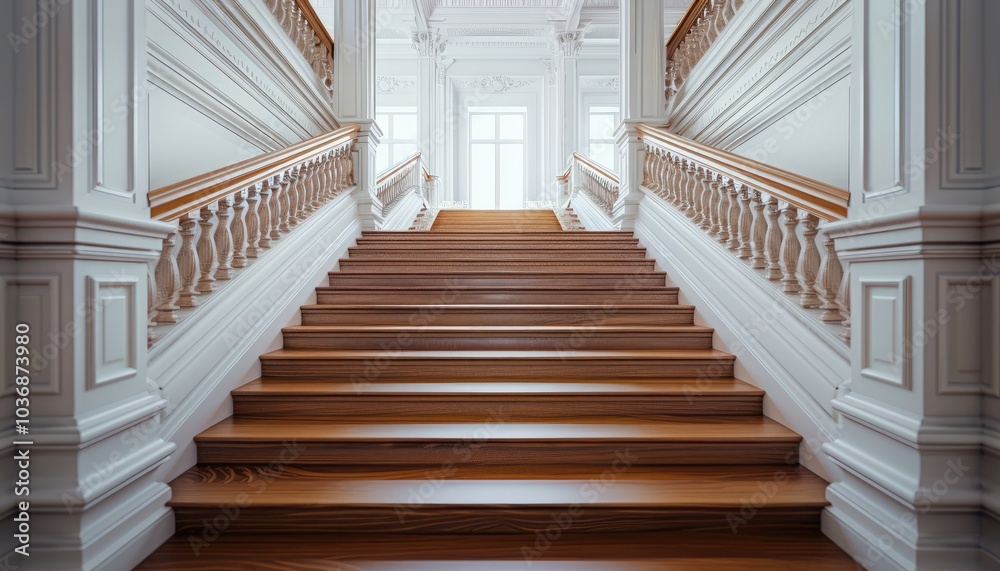 Wooden Staircase with White Banisters in a Grand Building Wooden Staircase with White Banisters in a Grand Building