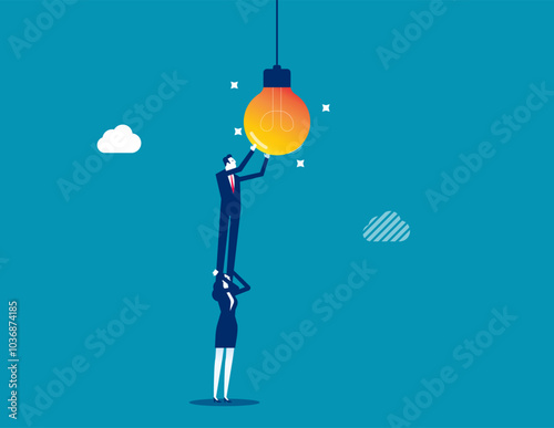 Partnership to success together, teamwork help get solution to solve problem, support to togetherness, collaboration and cooperation concept, businessman help support coworker to turn on lightbulb.