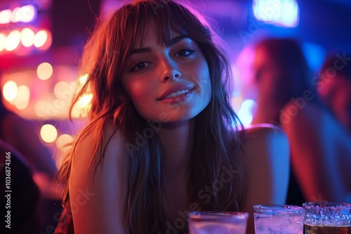 Young woman having drink at nightclub with friends, Generative AI photo