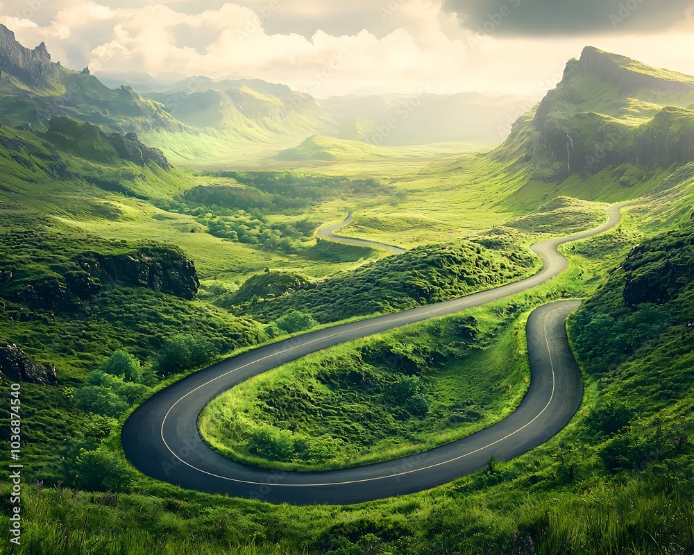 Winding Road Through Scenic Landscape Symbolizing Freedom and Endless Possibilities Winding Road Through Scenic Landscape Symbolizing Freedom and Endless Possibilities