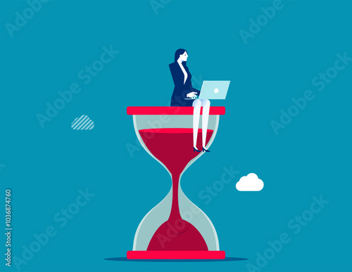 Working with time count down, project deadline or time management, urgent work, productivity or work efficiency concept, businesswoman working with computer laptop on time passing sandglass.