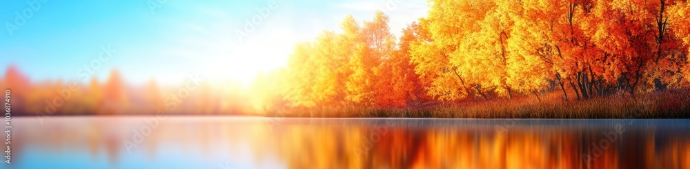 Golden autumn trees reflect in a tranquil lake under a vibrant blue sky, AI Golden autumn trees reflect in a tranquil lake under a vibrant blue sky, AI
