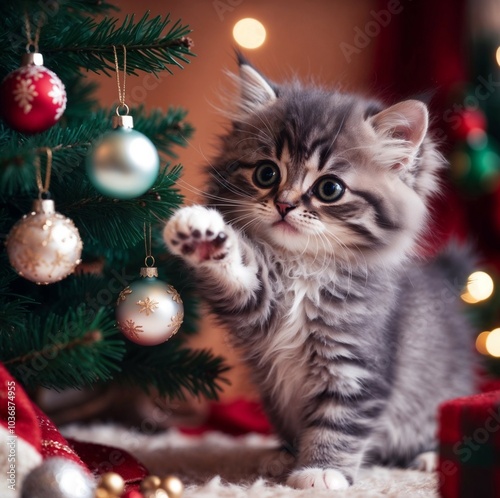 A kitten playing with Christmas tree ornaments