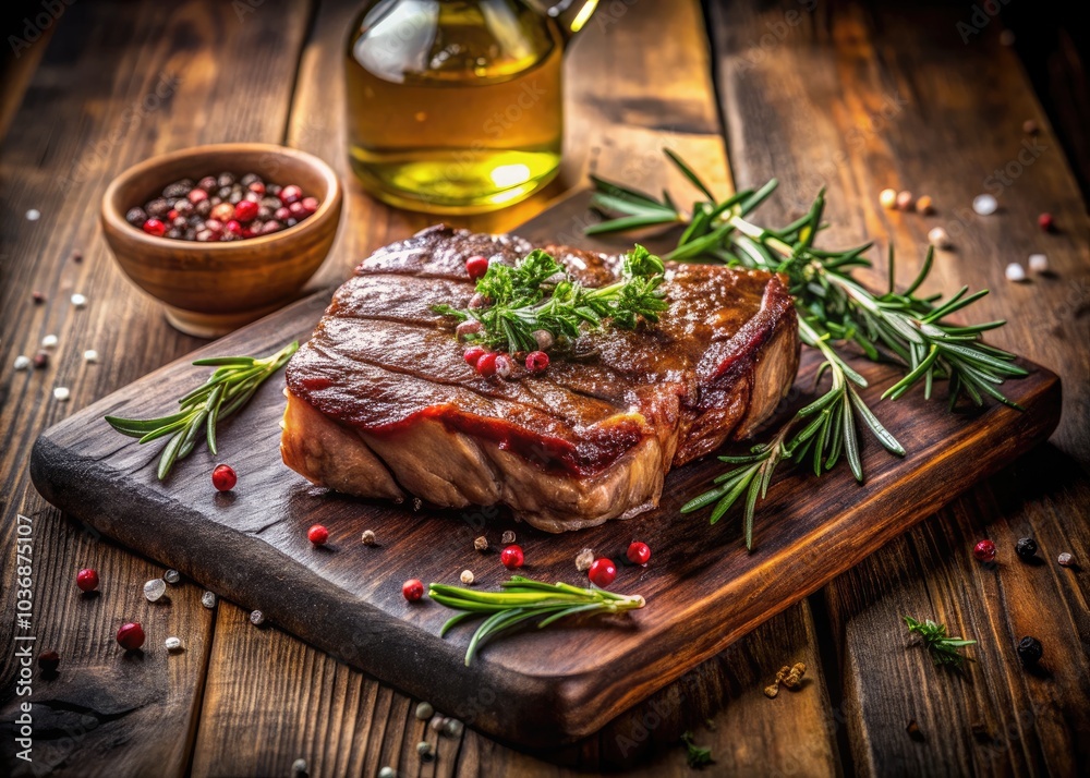 A succulent steak garnished with herbs and spices, artfully arranged on a wooden board. Captivating tilt-shift photography against a dark backdrop, perfect for gourmet enthusiasts. A succulent steak garnished with herbs and spices, artfully arranged on a wooden board. Captivating tilt-shift photography against a dark backdrop, perfect for gourmet enthusiasts.