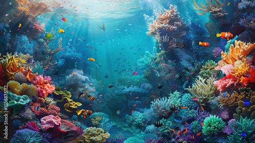 Underwater coral reef teeming with marine life, vibrant aquatic ecosystem