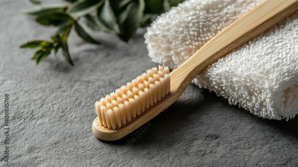 Close-up of a natural bamboo toothbrush with soft bristles and a white towel on a gray surface. Close-up of a natural bamboo toothbrush with soft bristles and a white towel on a gray surface.
