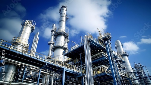 A large industrial plant with many tall towers and a blue sky in the background. Scene is industrial and powerful