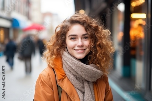 Portrait of a beautiful young woman with curly hair in the city