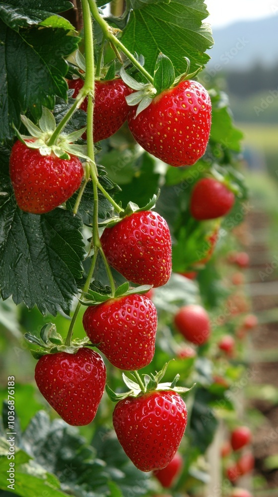 Vibrant red strawberries ripening under the sun in a lush green field during summer Vibrant red strawberries ripening under the sun in a lush green field during summer