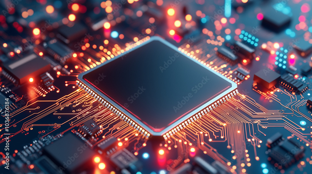 Artificial Intelligence processor unit. Powerful Quantum AI component on PCB motherboard with data transfers. Artificial Intelligence processor unit. Powerful Quantum AI component on PCB motherboard with data transfers.